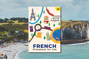 AA French Phrasebook for Kids against a background image of a beach in France.