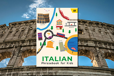 AA Italian Phrasebook for Kids against a background image of the Colosseum.