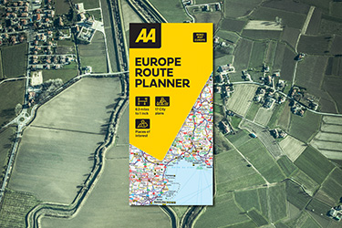 AA Road Map Europe Route Planner against a background aerial view image of countryside fields.