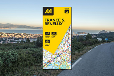 AA Road Map France & Benelux against a background image of countryside and roads.