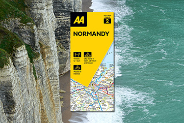 AA Road Map Normandy against a background image of coastal cliffs overlooking the ocean.