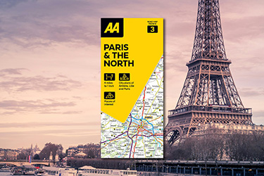 AA Road Map Paris & The North against a background image of the Eiffel Tower in Paris.