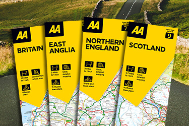 AA Road Map Britain series against an image of a countryside road in the UK.