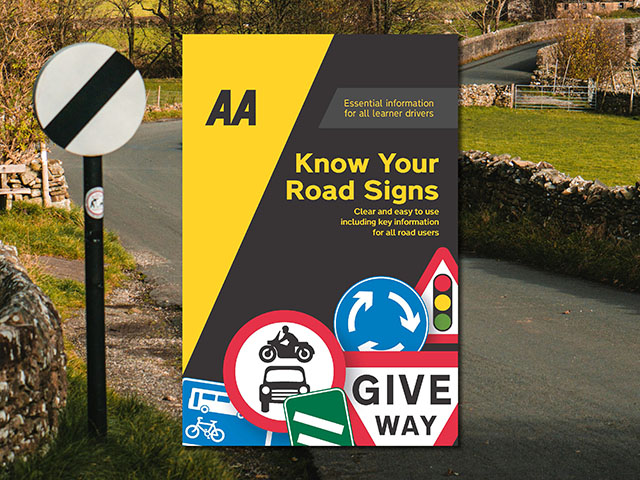 AA Know Your Road Signs against a background image of a country road and national speed limit sign.