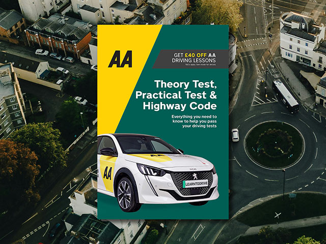 AA Theory Test, Practical Test & Highway Code against a birds-eye view of UK roads and roundabouts.