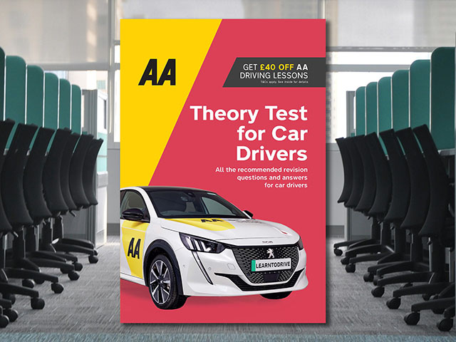 AA Theory Test for Car Drivers against a background image of a test centre.