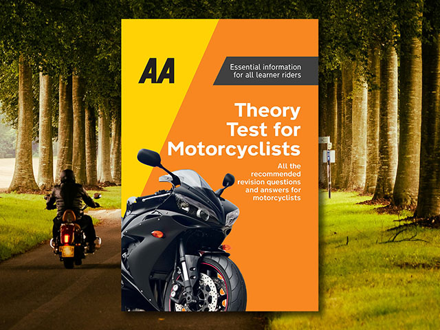 AA Theory Test for Motorcyclists against a background image of a motorcyclist riding down a lane with trees.