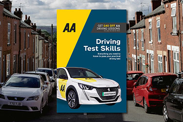 AA Driving Test Skills against a background image of a street in Sheffield.
