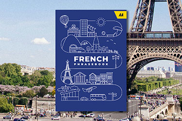 AA French Phrasebook against a background image of the Eiffel Tower.