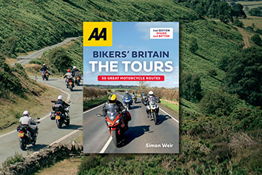 AA Bikers' Britain: The Tours against a background image of motorcyclists riding along a country road.