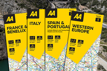 AA Road Map Europe series against an image of a bridge over the Herault River in Pont du Diable, France.