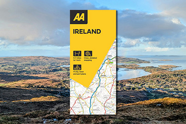 AA Road Map Ireland against a background image of Connemara National Park in Galway Ireland.