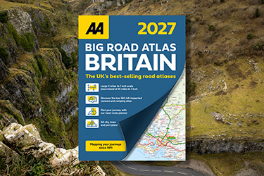 AA Big Road Atlas Britain against a background image of a road running through Cheddar Gorge.