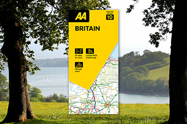 AA Road Map Britain against a background image of a lake.