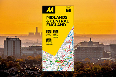 AA Road Map Midlands and Central England against an image of a city skyline at sunset.