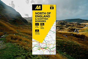 AA Road Map North of England & Scottish Borders against a background image of hills and streams.