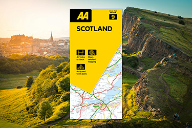 AA Road Map Scotland against a background image of Arthur's Seat in Edinburgh.