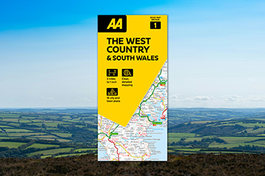 AA Road Map The West Country & South Wales against a background image of countryside fields.